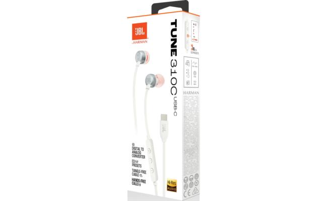 JBL Tune 310C Headphones Wired In-Ear Headphones Pure Bass Sound, 3-Button EQ Selection, Make Clear Calls with USB-C Devices, Microphone and USB-C Port - White